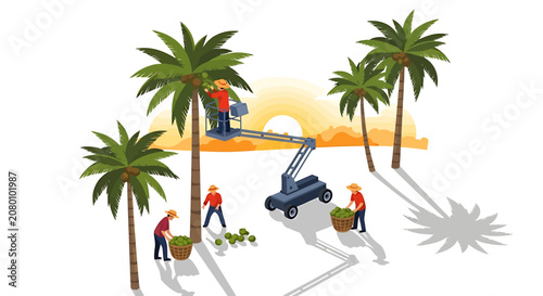 Isometric vector illustration of workers harvesting dates from palm trees using a cherry picker lift.