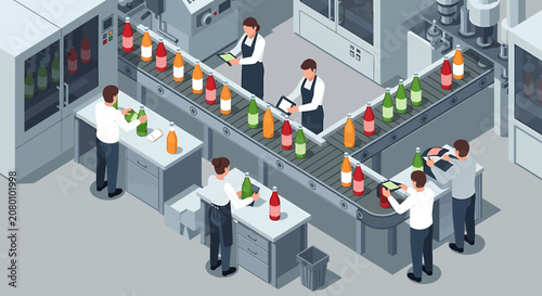 Isometric vector illustration of workers on a beverage bottling production line in a factory.