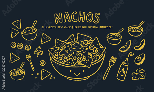 Bild auf Leinwand Nachos Mexican food hand drawn doodle elements background