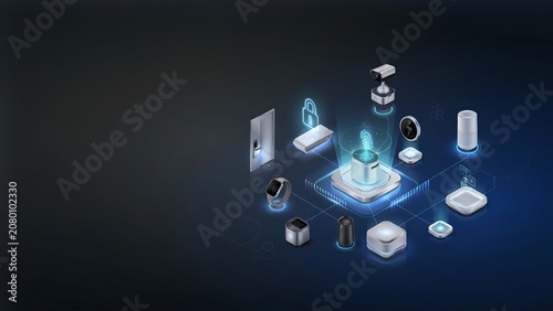 3D Isometric Smart Home Concept with Fingerprint Biometric Security System, Surveillance Camera, and Digital IoT Device Integration
