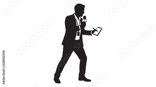 Canvas Print Reporter With Microphone And Notepad Black Silhouette