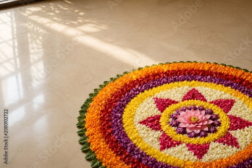 Colorful Onam Pookalam Floral Rangoli Corner Background with Copy Space