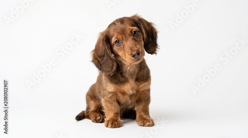 Charming long-haired chocolate brown dachshund puppy sitting calmly on a pristine white background, tilting its head curiously, making eye contact, radiating innocence and playful cuteness.