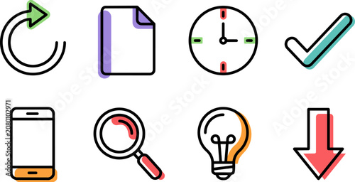 Set of 8 modern UI icons with black outline and colorful offset shadow style. Includes refresh, document file, clock time, checkmark done, mobile phone, search, lightbulb idea and download icons.