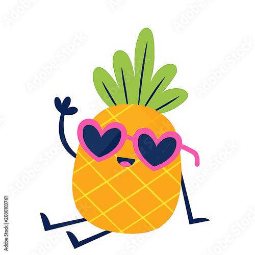 Cute cartoon pineapple character wearing heart shaped sunglasses