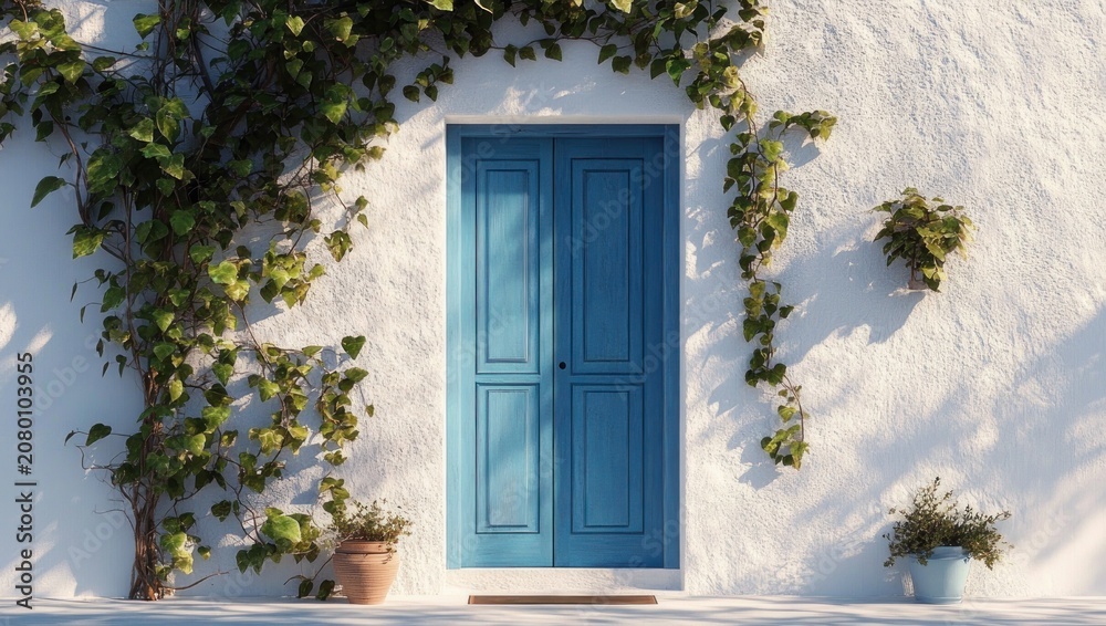 Fototapeta premium sunlit blue double door set in white stucco wall with climbing ivy and potted plants, calm inviting atmosphere