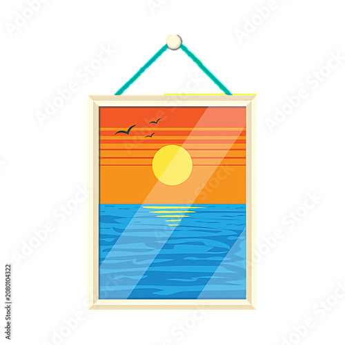 Framed ocean sunset painting hanging on a string