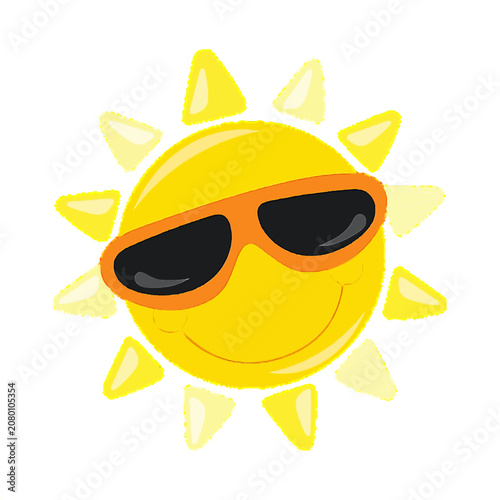 Happy smiling cartoon sun wearing orange sunglasses