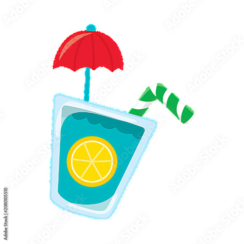 Refreshing tropical blue cocktail with lemon slice and red umbrella