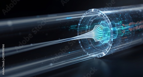 Futuristic Transparent Fiber Optic Cable Visualization with High-Speed ​​Data Transmission