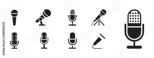 Canvas Print Extensive collection of ten black microphone icons with various shapes and styles on transparent background