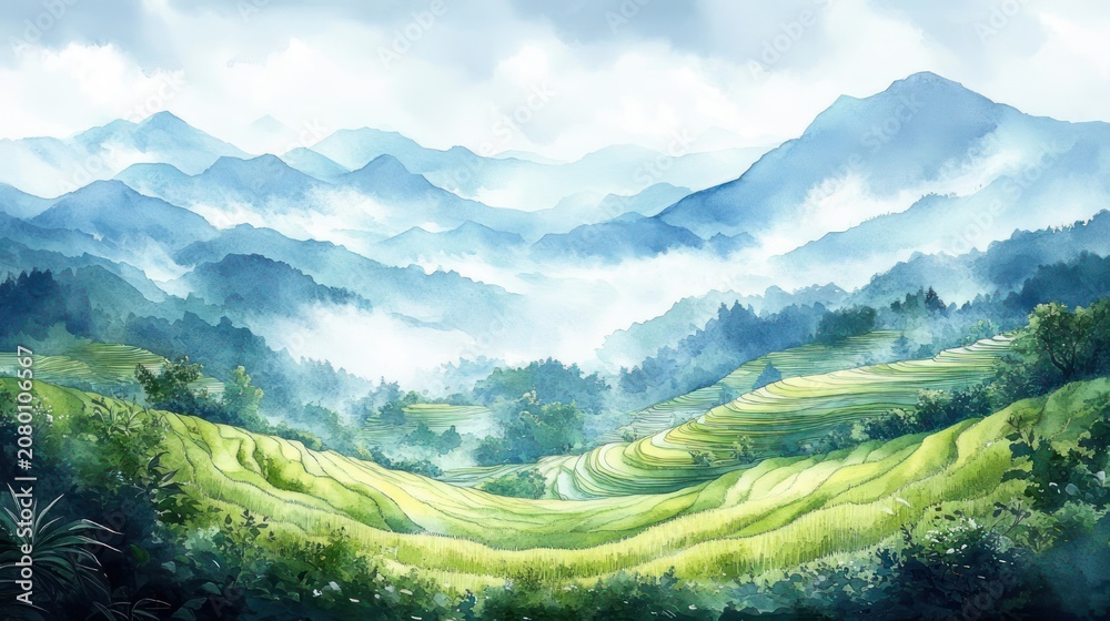 Fototapeta premium Sunlit terraced green fields rolling into misty layered blue mountains beneath a soft cloudy sky, a tranquil and serene valley landscape
