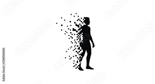 Silhouette of a person dissolving into digital particles against a white background, symbolizing transformation or data loss.
