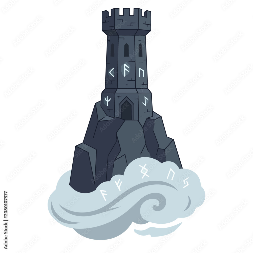 Obraz premium Mystic Stone Wizard Tower with Glowing Runes on Floating Cloud Vector Illustration