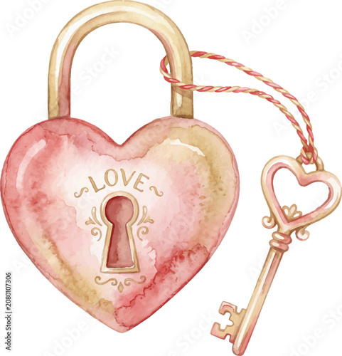 Pink watercolor heart love padlock key twine, romantic wedding theme. Suitable for wedding invitations, greeting cards, and romantic designs.