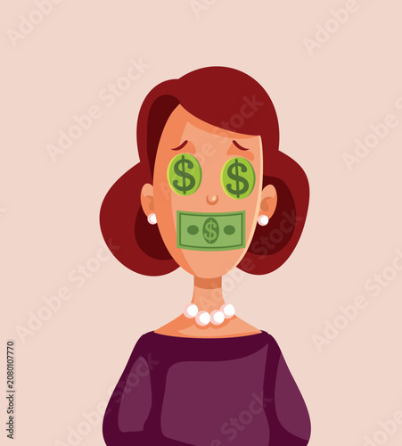 Woman With Banknote Taped To Mouth And Dollar Sign Eyes. Model with currency sticker covering lips displays monetary symbols on closed eyelids concept 
