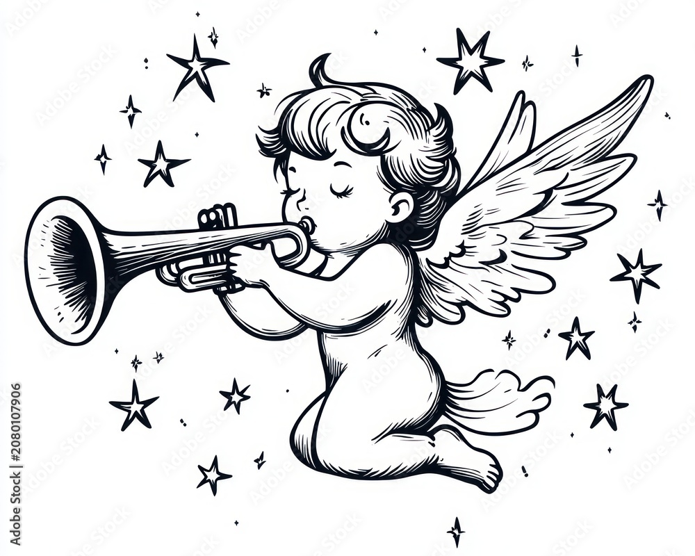 Obraz premium winged baby angel with curly hair playing a trumpet while floating among stars, serene and peaceful expression, black and white line illustration