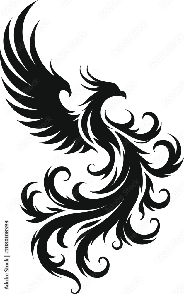 Fototapeta premium Isolated black silhouette of a mythical phoenix bird with ornate wings