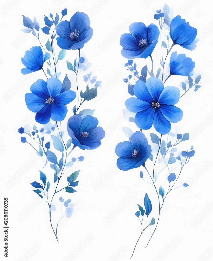 Obraz premium Two vertical stems of blue watercolor flowers with delicate leaves and buds on a white background, peaceful and elegant botanical composition