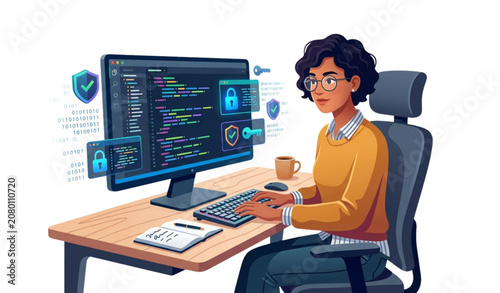 Young Female Software Engineer Developing Secure Code at Modern Workstation Vector Illustration on White Background