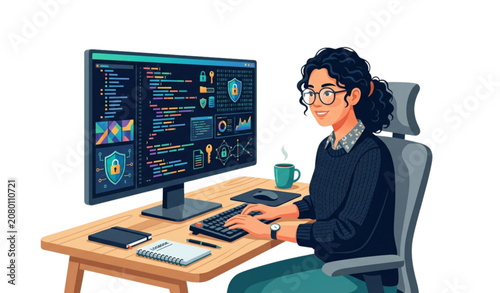 Young Female Software Engineer Developing Secure Code at Modern Workstation Vector Illustration on White Background
