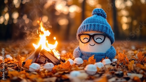 cozy smiling ceramic mug wearing blue knit beanie, scarf, and glasses beside a small campfire with scattered marshmallows on an autumn leaf-covered forest floor, warm happy mood