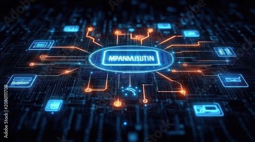 Glowing central data hub chip with alphanumeric label on dark circuit board, neon blue device icons and orange circuitry traces radiating outward, futuristic digital connectivity