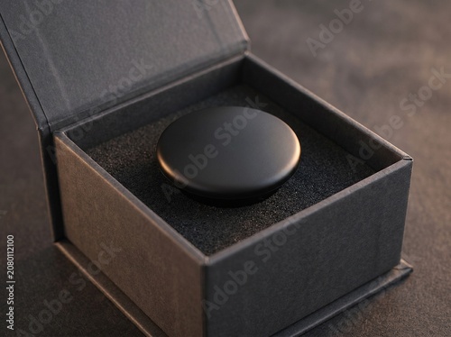 A Sleek Black Object Rests Inside an Open Presentation Box.