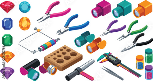 Photos Isometric Jewelry Making Tools and Gemstones Vector Icon Set with Pliers, Loupes