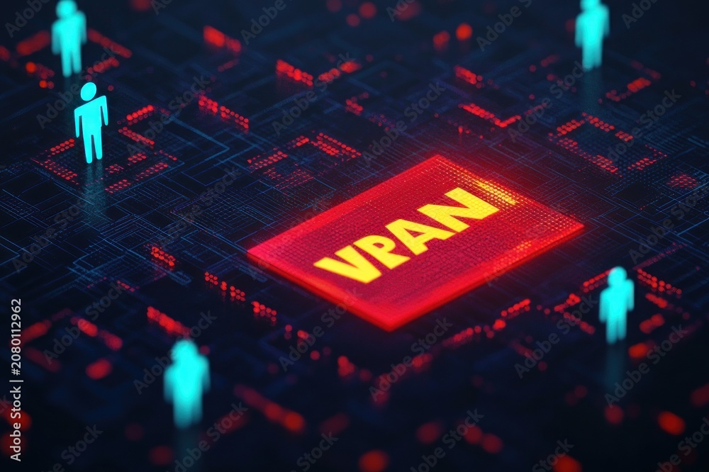 Obraz premium Glowing red circuit module with bold yellow lettering surrounded by cyan user icons on a dark digital grid, conveying secure connectivity and futuristic cyber vigilance
