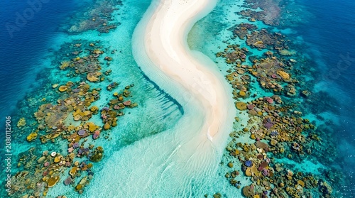 Aerial View of Winding White Sandbar Amidst Vibrant Tropical Coral Reef