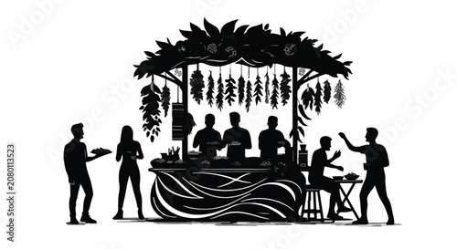 Silhouetted people gather at a vibrant outdoor market stall filled with herbs and produce, creating a lively community atmosphere.