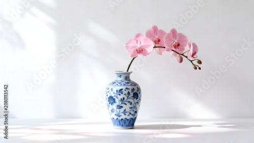 Blue and white vase with pink orchid