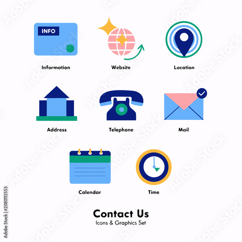 Contact us icon set, containing information name, website, location, address, telephone, mail and more, calender time icons
