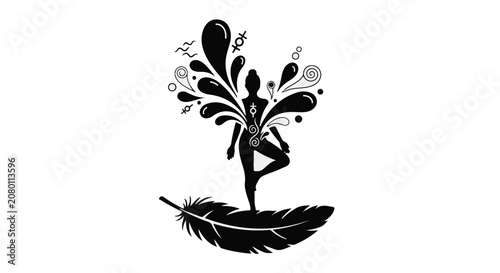 Silhouette of person in yoga pose on feather with abstract energetic swirls