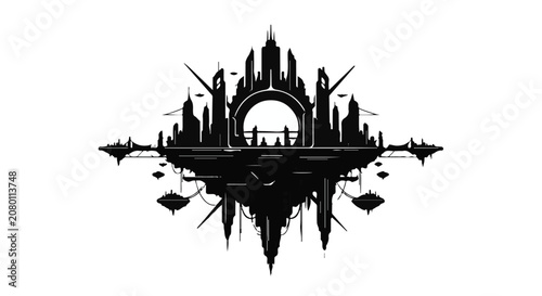 Futuristic cityscape silhouette on a floating island, evoking wonder and innovation.