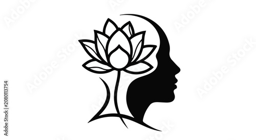 Serene mind represented by a lotus flower blooming within a human profile silhouette