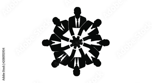 Diverse group of professionals in suits collaborating around a central idea