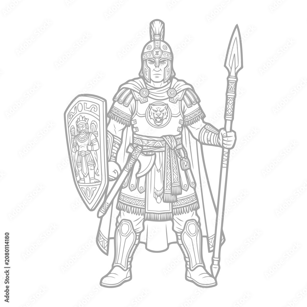 Fototapeta premium Detailed Line Art Illustration of an Ancient Roman Centurion Soldier Standing Tall with Spear and Shield