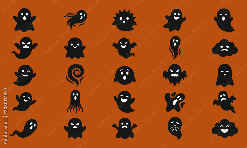Obraz premium Collection of cute black cartoon ghost characters with different facial expressions and accessories on a brown background