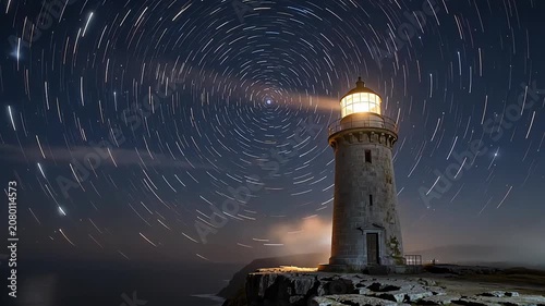 Under long exposure, the trails of stars in the night sky transform into a giant halo, enveloping the solitary lighthouse on the cliff edge, a celestial phenomenon intertwined with human architecture.