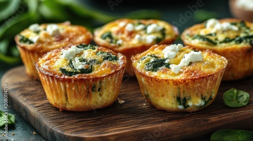 golden baked spinach and feta egg muffins on a wooden board with fresh spinach leaves, warm and inviting savory breakfast