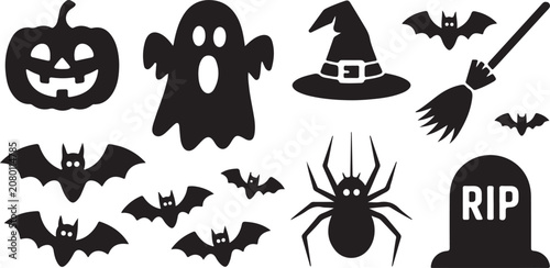 Schilderij op canvas halloween silhouette icons with pumpkin ghost witch hat bats broom spider and to