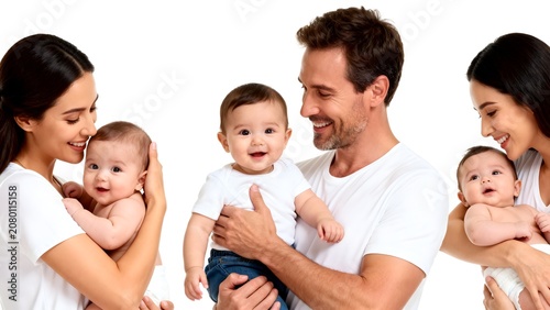 family with three babies on white background
