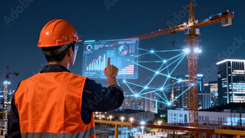 Construction worker interacting with digital interface