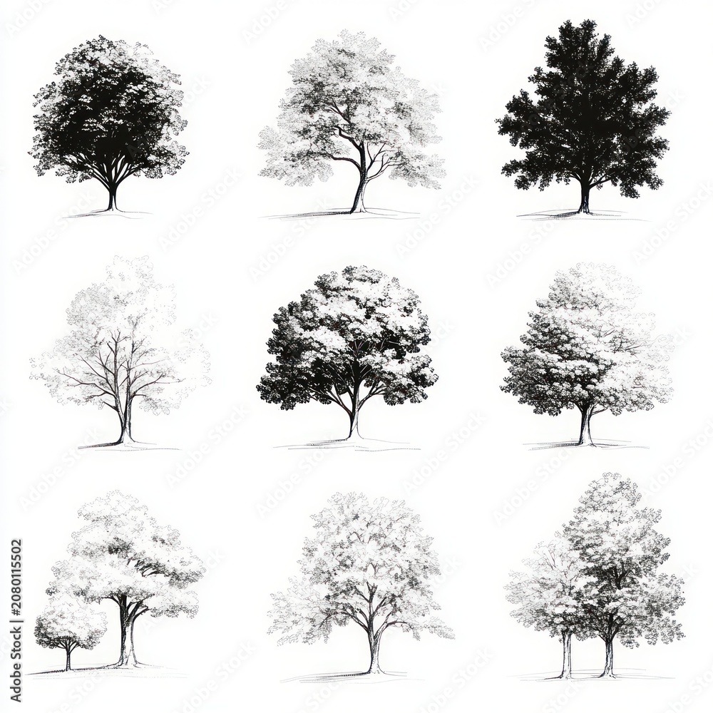 Fototapeta premium nine monochrome hand-drawn tree illustrations in a three-by-three grid with varied silhouettes and detailed ink sketches conveying a calm botanical study