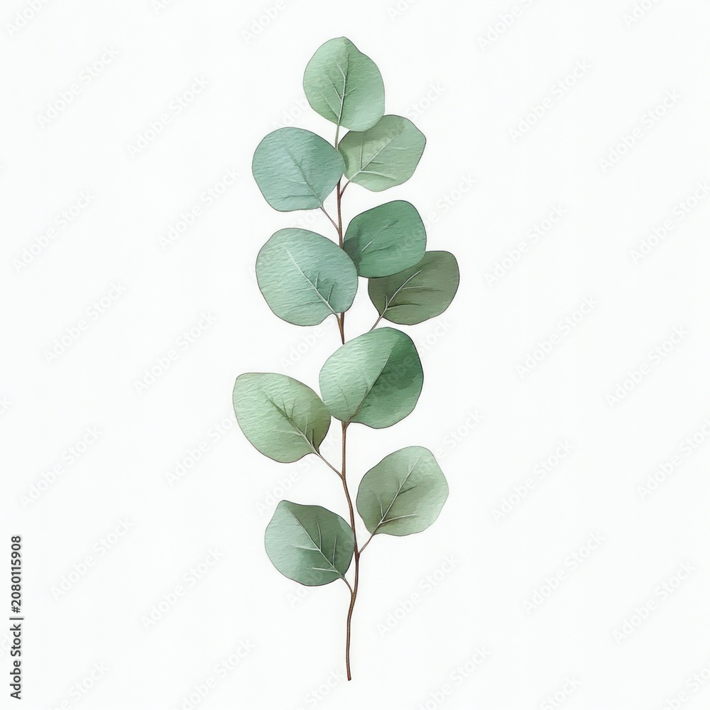 Obraz premium delicate eucalyptus branch with round green leaves on white background conveying calm minimalist freshness
