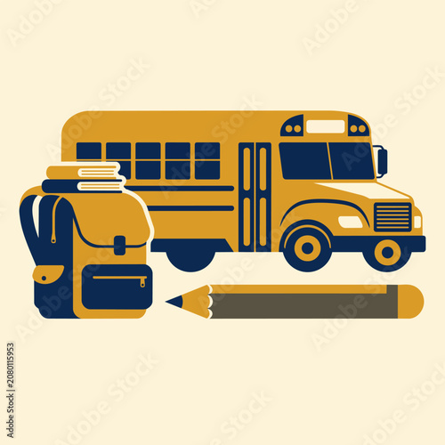 Cuadro en lienzo Yellow school bus with backpack books and pencil on white background