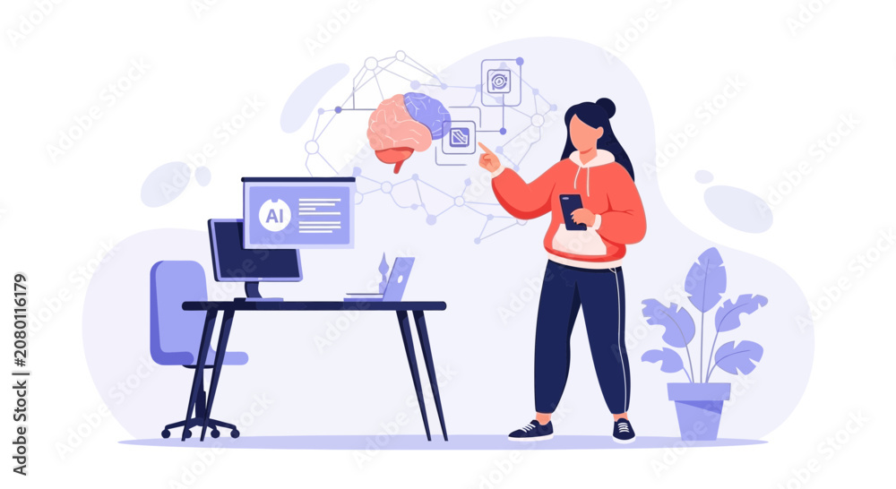 Fototapeta premium Person interacting with AI interface, Artificial Intelligence, machine learning, data science, technology concept illustration