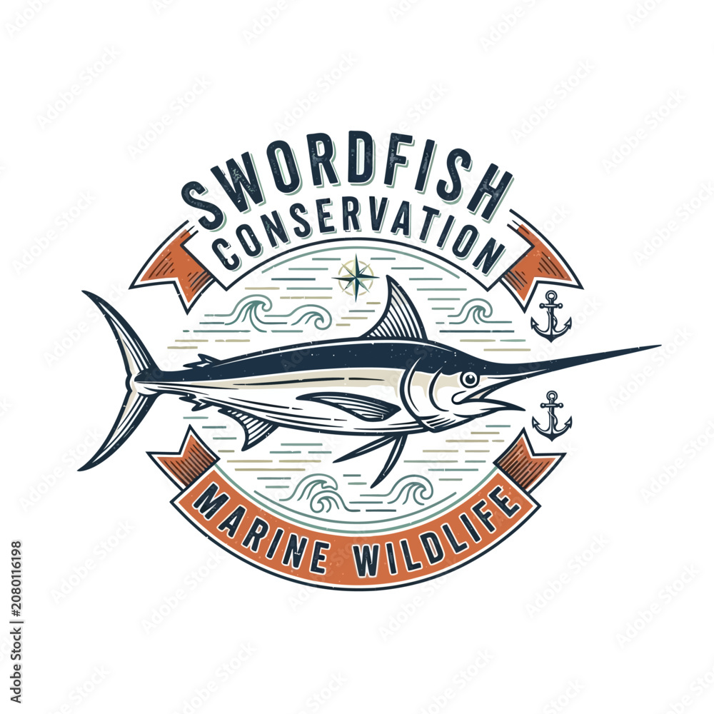 Fototapeta premium Swordfish conservation marine wildlife badge with maritime anchors for ocean fish sea animal protection navy sailing club logo design